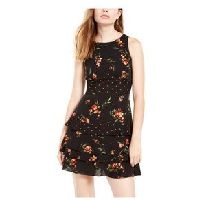 TEEZE ME Womens Black Floral Sleeveless Short Ruffled Dress Size: 3\4